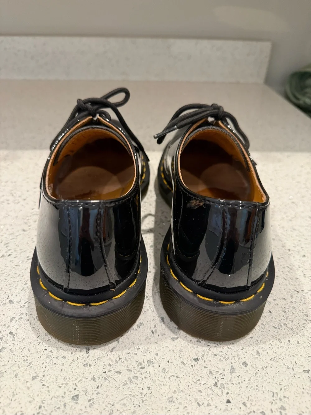 Dr. Martens Black Patent Lace-Up Shoes with Yellow Stitching